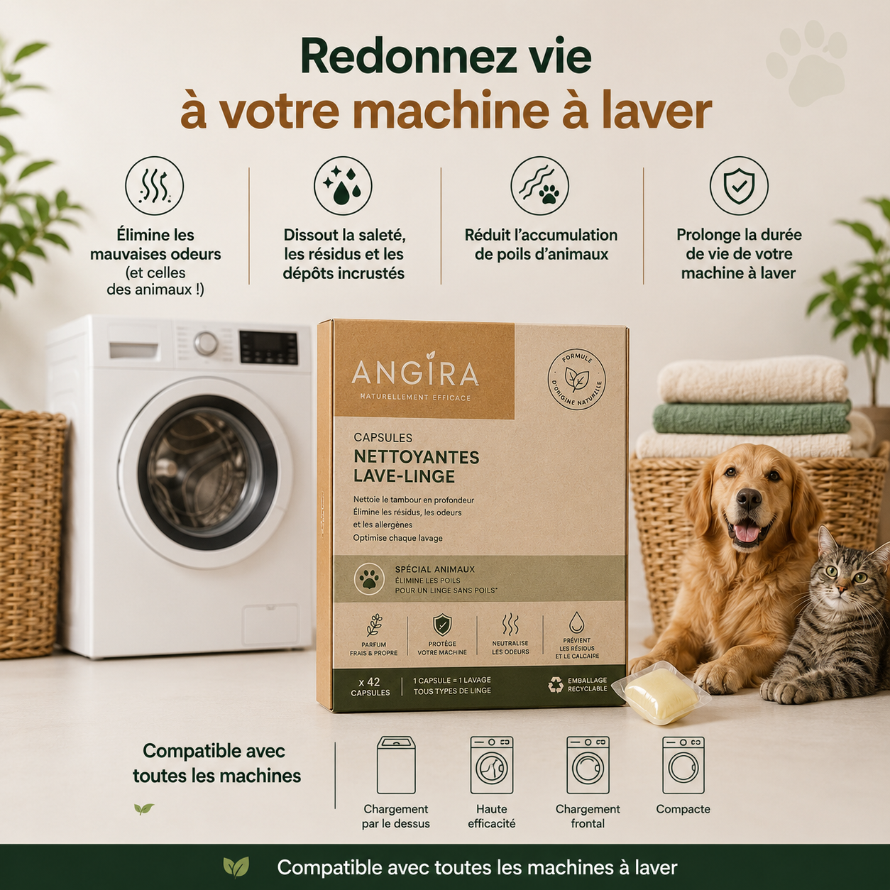 Bienfaits des capsules Angira pour lave-linge : élimine odeurs, saletés et poils d'animaux, avec un chien et un chat
