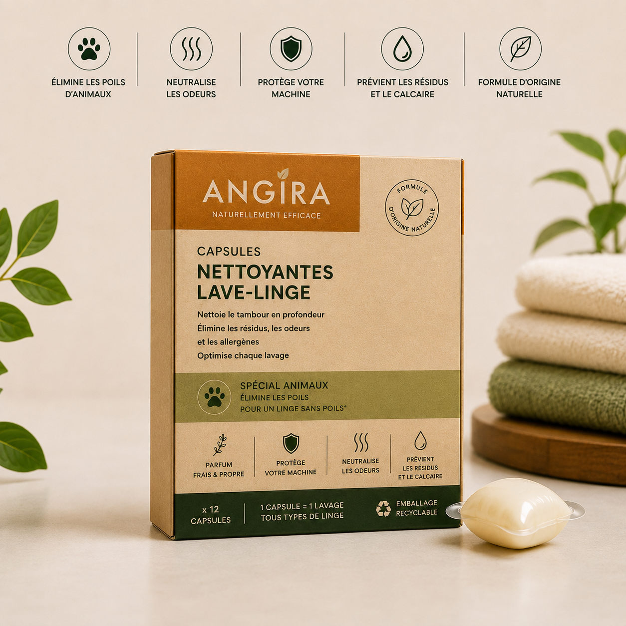 Boîte de capsules nettoyantes Angira pour lave-linge (12 capsules) avec une capsule posée à côté